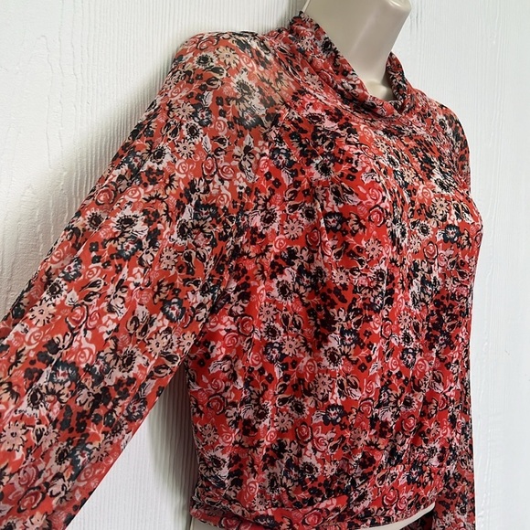 Free People - All Dolled Up Red Floral Print Mesh Long Sleeve  Top Size … - Picture 7 of 15